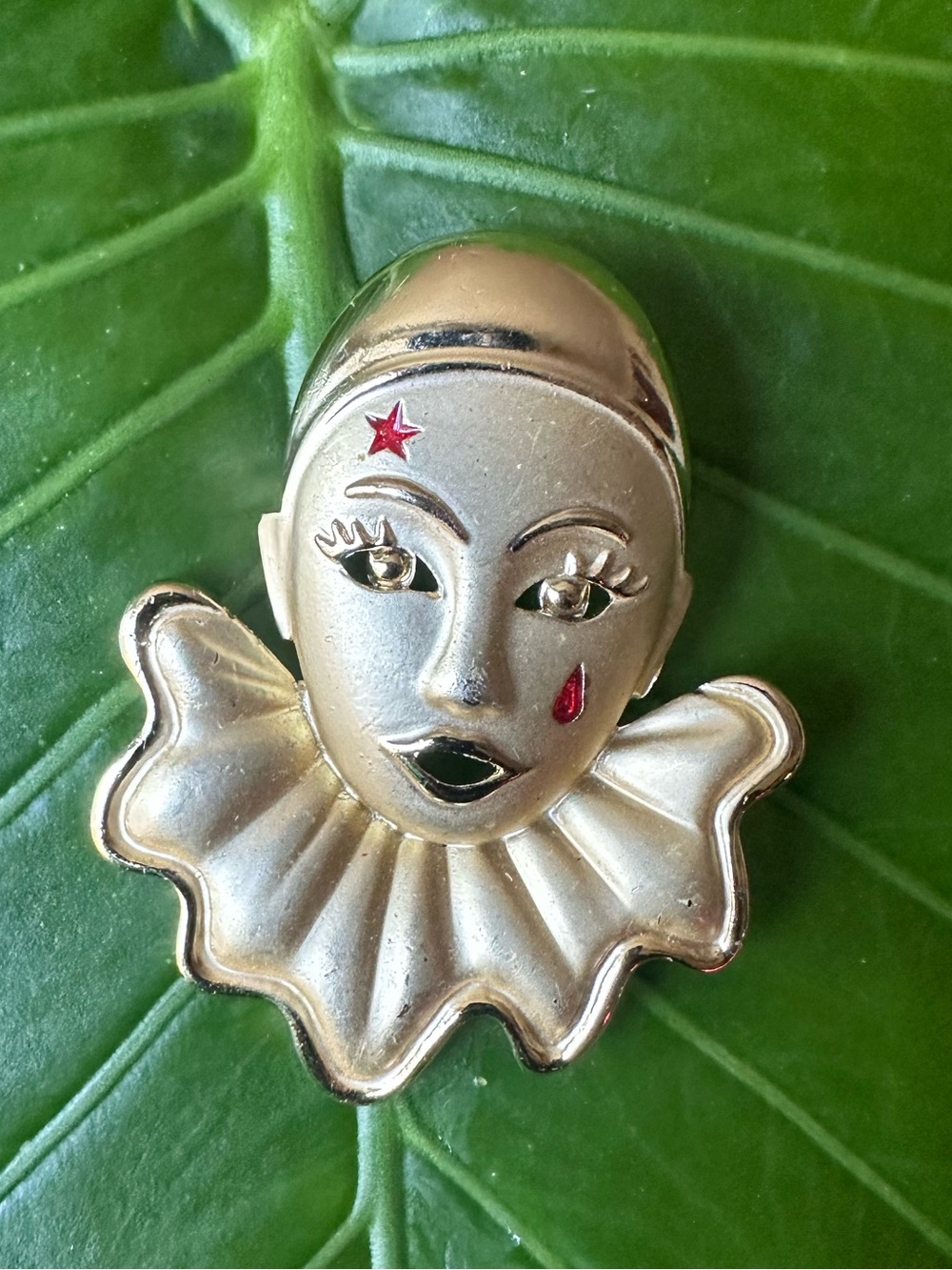 Gold Pierrot Face Brooch with Red Accent